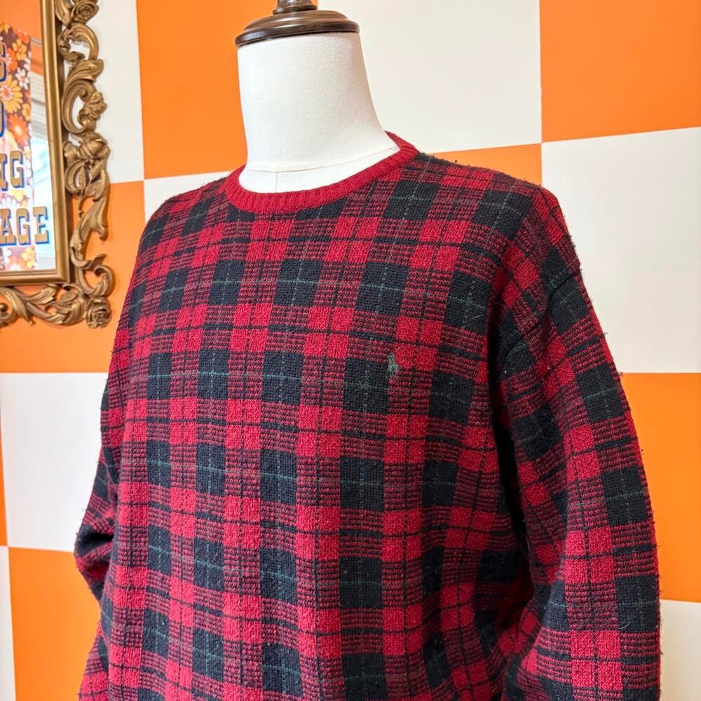 90s Vintage Red and Black Plaid 100% Wool Crew Neck Sweater